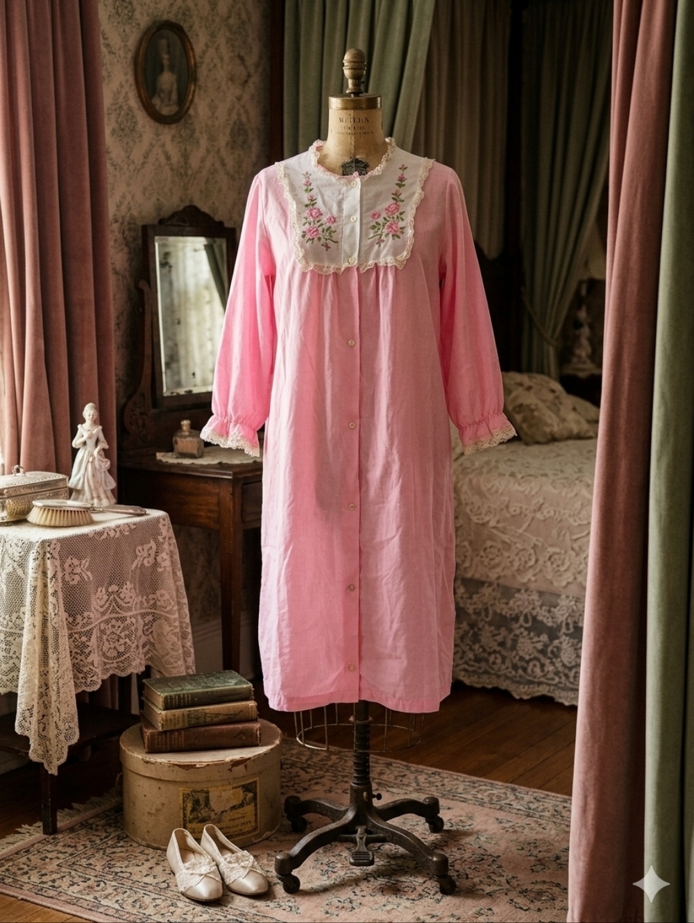 Vintage 1970s Pink Floral Embroidered Nightgown | Handmade | Cottagecore